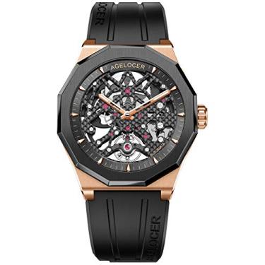 Imagem de AGELOCER Relógios de movimento mecânico automático, relógio de pulso masculino esqueleto de negócios, pulseira de borracha, luminoso, masculino de aço inoxidável, 6001H1-R, Série Schwarzwald