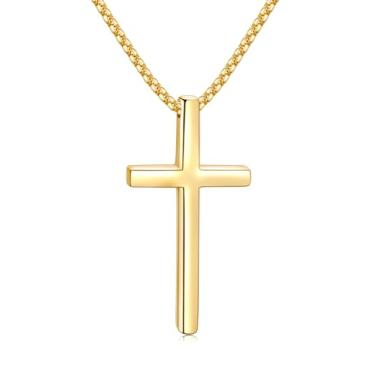 Imagem de Colar masculino Fiusem com cruz para presente de Dia dos Pais, prata/ouro/preto, com corrente de cruz de 2,5 mm e pingente de cruz de aço inoxidável, corrente de caixa de 40 a 61 cm, 18.0 Inches, Aço