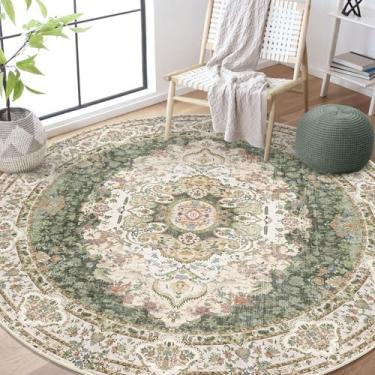 Imagem de Castage Tapete redondo verde de 1,8 m, tapetes grandes para quarto, sala de estar, sala de jantar, lavável, boêmio, vintage, boêmio, envelhecido, oriental, antiderrapante, floral sálvia