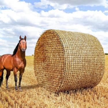 Imagem de Gasgimos Rede de feno de fardos redondos de 1,8 x 1,8 m para cavalos - Rede de nylon preta grossa e durável, com furos de 4,4 cm - Redes quadradas de feno de alimentação lenta para cavalos e cabras -