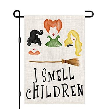 Imagem de I Smell Children Halloween Garden Flag 30 x 45 cm Pequena Serapilheira, Fantasma Assustador Sanderson Irmãs Vassoura Estacionamento Apenas Bruxas Sinal Sazonal Jardim Decorações Externas DF360