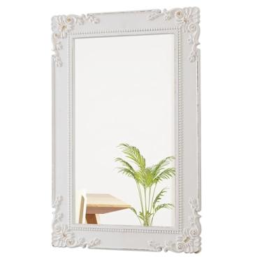 Imagem de Sintosin Espelho de parede retangular vintage 61 x 91 cm, espelhos decorativos com moldura de madeira envelhecida para decoração de parede, espelhos de banheiro florais esculpidos brancos de fazenda