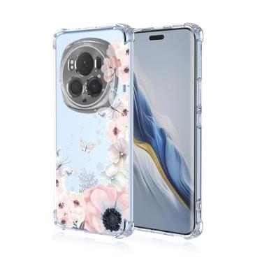 Imagem de RRXSYXL Capa para Honor Magic 6 Pro com estampa floral transparente, capa macia à prova de choque para Honor Magic 6 Pro, borboletas de flores rosa, Magic 6 Pro