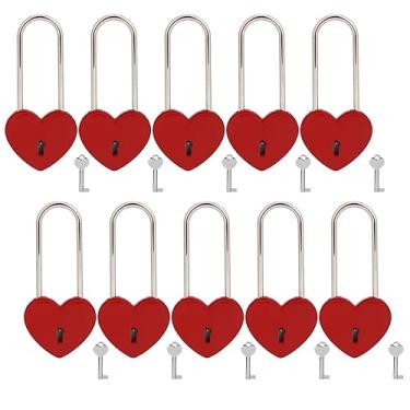 Imagem de VeYocilk Love Lock Cadeado de coração fosco vermelho Wish Lock Love cadeado com chave para ponte, amantes, casamento, aniversário, presente de viagem, 10 peças