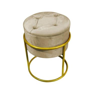 Imagem de Puff Decorativo Redondo Com Capitonê Base De Ferro Dourada Tecido Veludo Bege