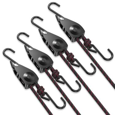 Imagem de VIPARSPECTRA Alças de amarração de catraca, cabides de corda ajustáveis de 1/10.2 cm [pacote com 4, 3 m, 68 kg/pacote], sistema de polia de caiaque resistente com ganchos para garagem, caminhões de