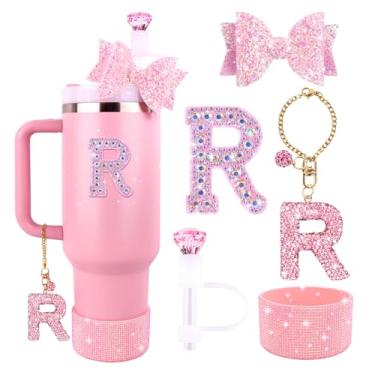 Imagem de Lingdeer Conjunto de acessórios rosa para Stanley Cup 850.5 g 1,134.0 g, pingentes de letras brilhantes, capa de palha de diamante, bota de silicone com glitter, adesivo personalizado, enfeite de