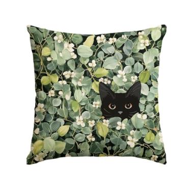 Imagem de AVOIN colorlife Capa de almofada floral de gato preto com folhas de eucalipto primavera, 45 x 45 cm, capa de almofada sazonal com flores para sofá