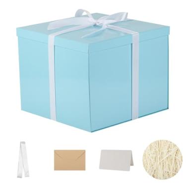 Imagem de Caixa de presente grande com tampa de 30 x 31 x 25 cm, caixa de presente azul para presente embalagem para aniversários, Dia dos Namorados, Natal, aniversários (inclui enchimento de papel desfiado
