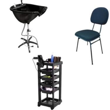 Imagem de kit salão preto carrinho + lavatório portátil + cadeira fixa - HENVIFE