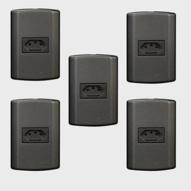 Imagem de Conjunto com 5 Tomadas 2p + t 10A 250v, Modular, com Placa 4x2 e Suporte Grafite