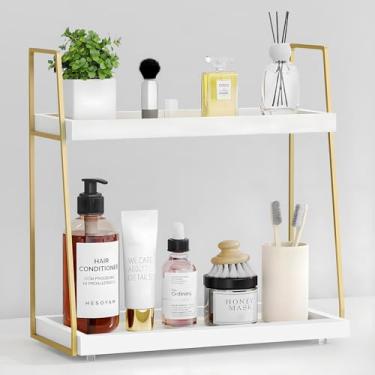 Imagem de Organizador de bancada de banheiro, organizador de balcão para pia de banheiro, prateleira de madeira para armazenamento de maquiagem, bandeja de banheiro com suporte de 2 camadas para bancada, vaso