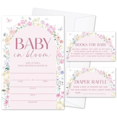 Imagem de Conjunto floral de convites para chá de bebê para meninas, 25 conjuntos de convites de preenchimento com envelopes sorteio de fraldas e cartões de pedido de livro para anúncio de bebê, lembrancinha de