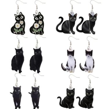 Imagem de Coiris 6 pares de brincos de gato preto para mulheres, divertidos, anime, gato, Halloween, brincos fofos para presente para mulheres, Resina, Sem pedra preciosa