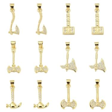 Imagem de LiQunSweet 12 peças, 6 estilos, tema de ferramentas, pingentes de zircônia cúbica de latão, machado, pingentes pendentes em forma de martelo para joias faça você mesmo, pulseira, colar, artesanato