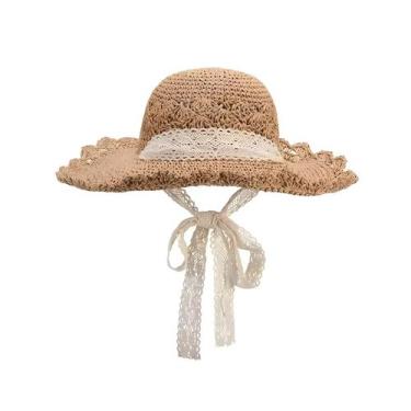 Imagem de Chapéu de Sol de Palha com Renda - Dobrável, para Praia e Verão, Café 
