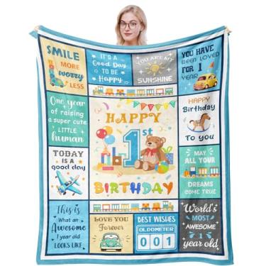 Imagem de Solzien Cobertor de presente de aniversário para menino de 1 ano 127 x 101 cm, presentes para filho/sobrinho/neto de um ano, decorações de primeiro aniversário/lembrancinhas de festa para menino