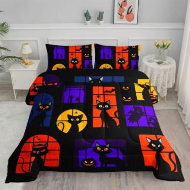 Imagem de Smell Sunshine Conjunto de edredom de gato preto com estampa de animal fofo, 1 edredom e 2 fronhas para quarto de meninos e meninas, todas as estações (gato, 2 casais)