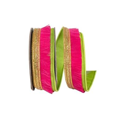 Imagem de Reliant Ribbon Fita de borda com fio Dupioni de luxo para aparar franjas, cítrico/fúcsia