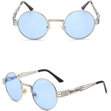 Imagem de VFDHN Óculos de sol vintage retrô gótico steampunk espelhado vintage redondo masculino UV400 (prata transparente azul)