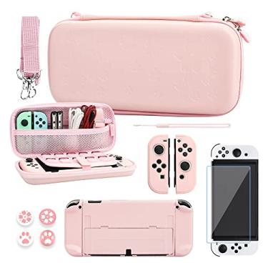 Imagem de RHOTALL Conjunto De Estojo Transporte Fofo Com Estampa Sakura Para Nintendo Switch Oled, Pacote Acessórios Oled Capa Rígida, Protetor Tela, 4 Protetores Polegar, Pulseira E Alça Ombro (Rosa)