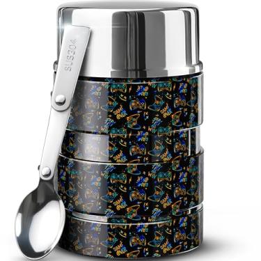 Imagem de Earth&ME Recipiente Térmico Para Sopa De 473 Ml Alimentos Quentes E Frios Crianças, Aço Com Isolamento A Vácuo Almoço, Pote Bento Boca Larga Tigelas Lancheira Colher (Controle Jogo Preto)