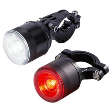 Imagem de Conjunto de luz frontal para bicicleta + luz traseira, farol de 3 modos de 160 lúmens, lanterna traseira com detecção automática de 300 lúmens, brilho de 8 níveis, à prova d'água tipo C, liga de