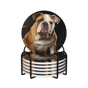 Imagem de Porta-copos para bebidas, conjunto de 6 porta-copos redondos absorventes de cerâmica antiderrapante com suporte e base de cortiça tapete reutilizável para copos de buldogue inglês para tipos de xícara
