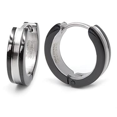 Imagem de Steelmeup Brincos de argola masculinos listrados de aço inoxidável, 2 tons, ouro preto, prata, 16 mm Prata