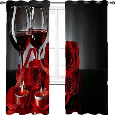 Imagem de Cortina isolada de vidro de vinho, amantes românticos de vinho tinto rosa, tecido impermeável, para quarto, jardim de infância, sala de estar, L 182 x C 163 cm vermelho preto