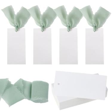Imagem de AHANDMAKER 50 peças de etiquetas de papelão, 10 x 4 cm em branco cartões de lugar etiquetas de presente com fita de franja verde, cartões de nome de mesa para evento de aniversário e jantar de
