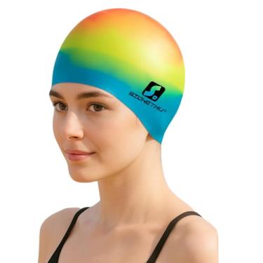 Imagem de Touca de natação de cabelo longo grande com espaço extra para mulheres e homens, touca de natação de silicone para cabelos longos e grossos, bonés de natação à prova d'água para adultos para manter o