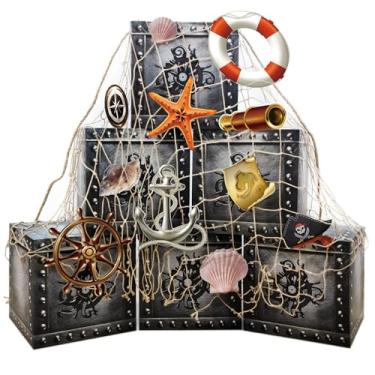 Imagem de 18 peças de decorações de festa pirata imitação de caixa de madeira rede de pesca porta-malas de carro ou decoração de festa de pirata lembranças de festa de aniversário de aventura adereços de cabine