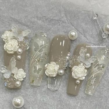 Imagem de Lutongjichi Unhas de casamento novas e leves e luxuosas, feitas à mão, luxuosas, cheias de perfuração, indústria pesada, unha de noiva, removível.