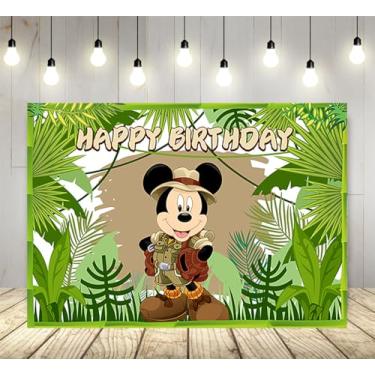 Imagem de Basifoto Pano de fundo verde selvagem, 1,5 x 0,9 m, poliéster, para suprimentos de festa de aniversário do Mickey Safari, decorações para bolos, cabine de fotos, papel de parede, cortina, fundo de