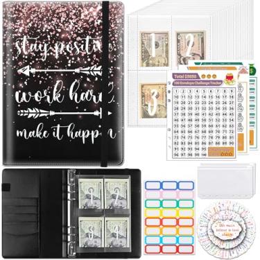 Imagem de Desafio de economia de dinheiro com 100 envelopes, fichário A5 reutilizável de couro PU com rastreador flexível de 3 folhas $5050, $10.0000, $500, fichário de dinheiro, pasta organizadora de dinheiro