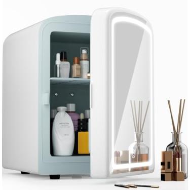 Imagem de COYCYQI Mini geladeira 4L para cuidados com a pele com espelho de LED regulável, geladeira portátil de beleza para maquiagem, cosméticos, geladeira pequena pessoal com cooler e aquecedor para quarto