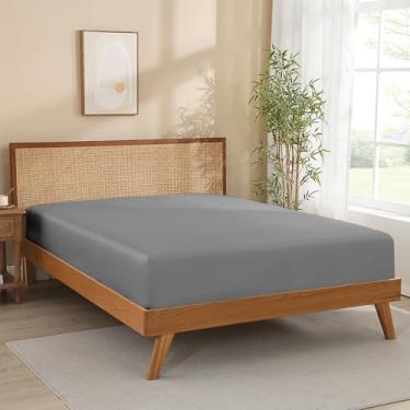 Imagem de Apenas lençol Queen Size, 100% viscose de bambu, trama de cetim 300 fios, macio, refrescante, bolso profundo de 40,6 cm, elástico redondo, não escorrega, sem bolinhas, cinza escuro