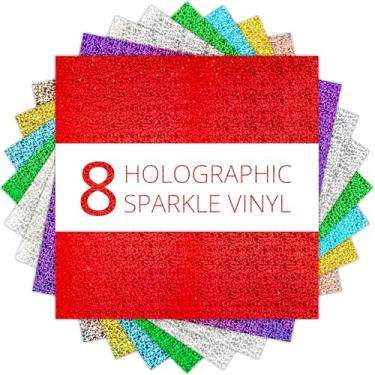 Imagem de HTVRONT Vinil holográfico permanente - Pacote com 8 folhas de vinil adesivo permanente com glitter de 30,5 x 30,5 cm, compatível com máquina de corte Cricut, folha holográfica com glitter para