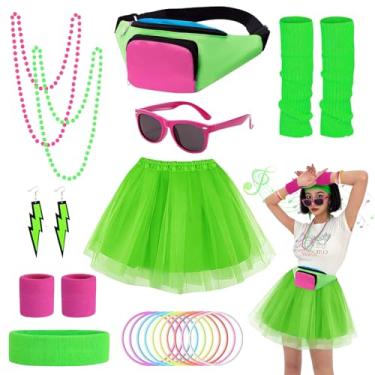 Imagem de wocharm Roupas dos anos 80, acessórios de fantasia para mulheres, pochete dos anos 80, saia tutu, polainas neon para faixa de cabeça, pulseira para cosplay, festa temática retrô (verde)