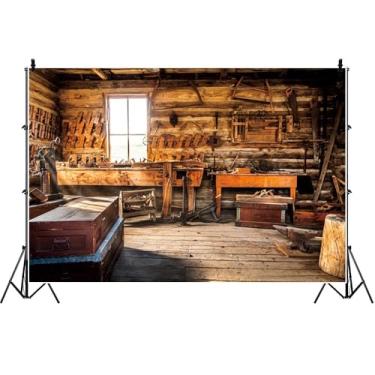 Imagem de Yeele 2,1 x 1,5 m Vintage Smithy Interior Pano de fundo retrô de madeira bigorna ferreiro oficina rústica fundo de fotografia para meninos e homens, tema de aniversário, decoração de festa, estúdio