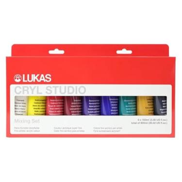 Imagem de Lukas CRYL Studio Tinta acrílica para artista, multicolorida, conjunto de 9 tubos de 100 ml - Tintas acrílicas de alto pigmento para pintura em tela, trabalhos em grande escala - Viscosidade média,