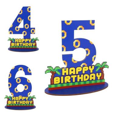 Imagem de Centro de Mesa para 5º Aniversário, Azul com Estampado Anel Dourado Suporte Madeira 5º Número com Base Decoração Festa Aniversário Infantil Peça Central de Mesa para Fotos