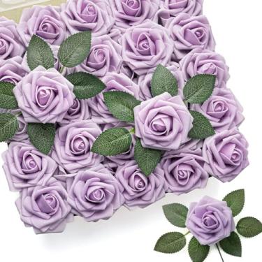 Imagem de SHUERIET Flores artificiais, 20 peças de rosas falsas de espuma roxa clara de aparência real com hastes para buquês de casamento DIY, centro de mesa, chá de panela, decoração de arranjo de flores em