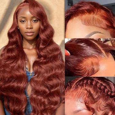 Imagem de SPOU Perucas de cabelo humano de 81 cm x 15 cm ondulado frontal ondulado cabelo humano castanho avermelhado densidade 180 pré-arrancadas 350# Auburn Colorido HD Lace Frontal perucas para mulheres