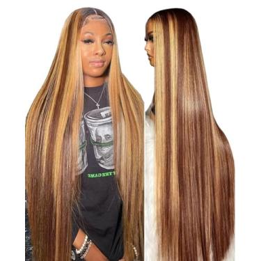 Imagem de Peruca frontal de renda ombré destacada - cabelo humano de 81 cm, densidade de 180%, loiro mel, liso, renda transparente HD 13x4