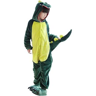 Imagem de Fanhong Pijama infantil de dinossauro, fantasia de Halloween, Natal, cosplay, pijama de lã de pelúcia, Dinossauro verde, 10-12 Years