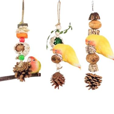 Imagem de 3 peças de brinquedos naturais para mastigar pássaros com nozes e casca de milho, brinquedos de gaiola de madeira pendurados para pássaros pequenos e médios, conure, calopsita, quacre, bichinho