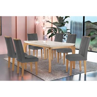 Imagem de Conjunto: Mesa de Cozinha Londrina c/ Tampo Madeirado c/ Vidro Canto Curvo 180x90cm e 6 cadeiras Amsterdã Imbuia/Off White - Suede Grafite - Rufato
