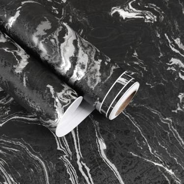 Imagem de EaseStick Papel de parede de mármore preto e prata para contato com papel de parede de mármore líquido fosco para bancadas à prova d'água 39,9 cm x 406,4 cm de espessura autoadesivo de vinil preto